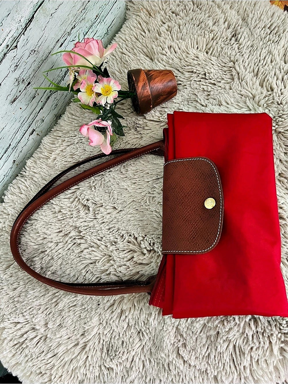 Longchamp Red Tote Bag – Brown Leather Trim – Spacious Everyday Bag - Picture 10 of 16